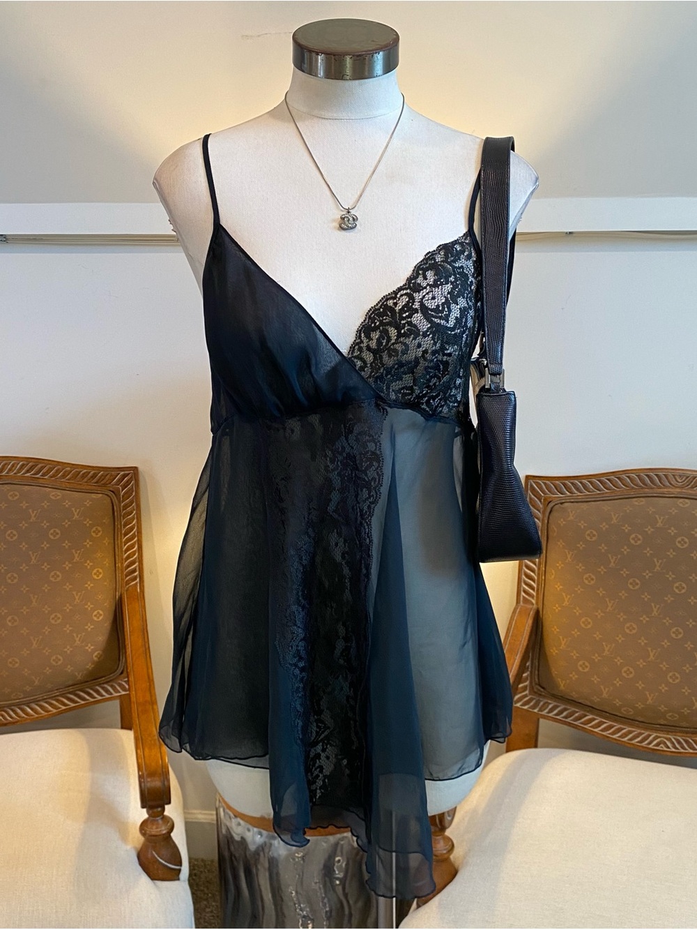 Vintage 90s Victoria's Secret Sheer Lace-Trim Black Chemise Mini Slip Dress S